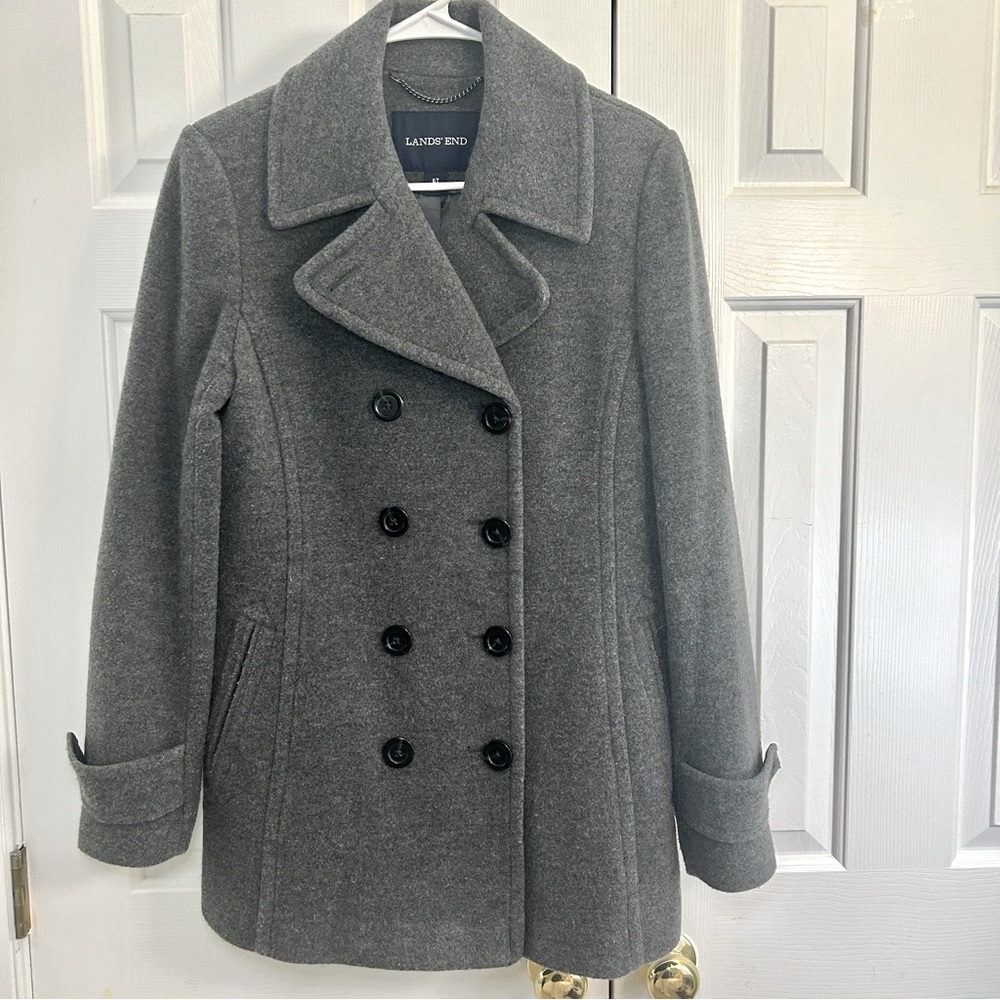 Land’s End Classic Double Breasted Wool Blend Grey Peacoat Sz 6 Tall